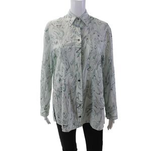 LHD Womens Button Front Collared Long Sleeve Wavy Shirt Blue Cotton Size XS